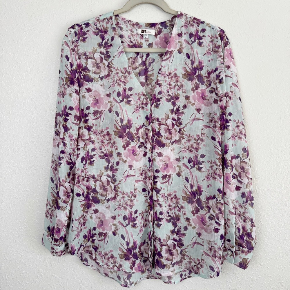 KUT from the Kloth Purple Floral V-Neck chiffon Button Down Blouse Mint Green M